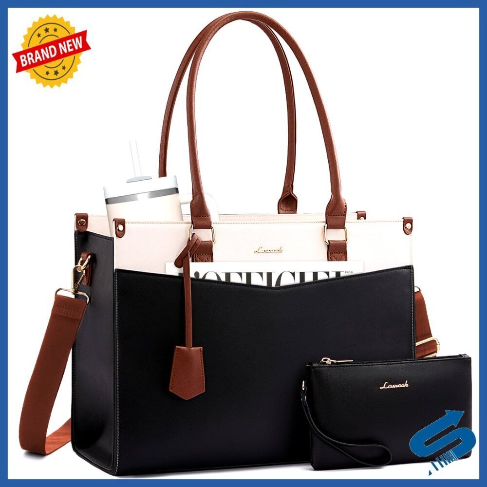 Leather Laptop Tote Bag with Removable Clutch Waterproof Work Travel Elegant